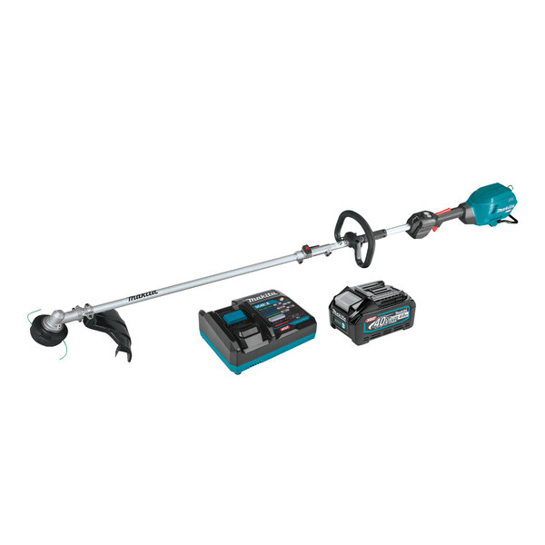 A Makita cordless power head with a black, blue, and white battery.