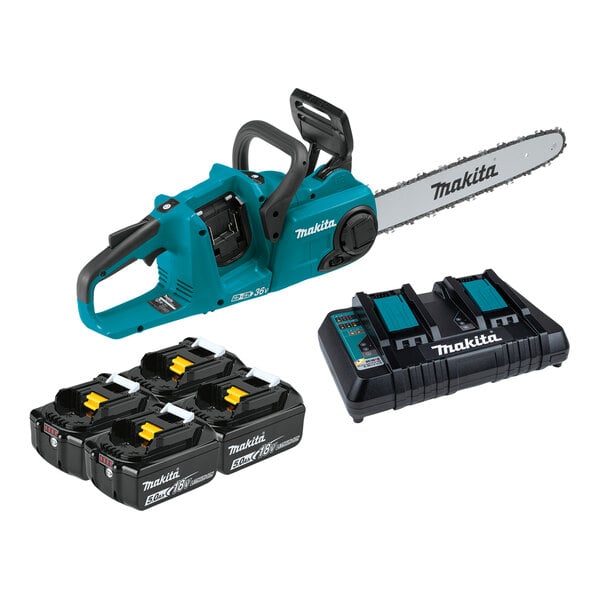 A group of Makita 36V (18V X2) LXT lithium-ion batteries.