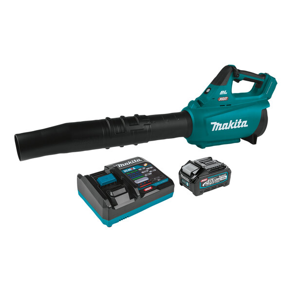 A black and blue Makita cordless blower with a battery attached.