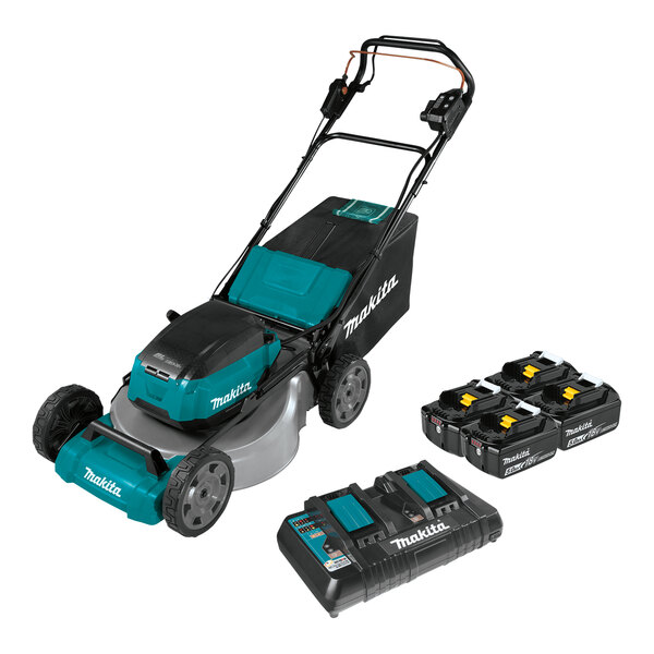 A close up of a Makita cordless lawn mower with a group of black and blue batteries.