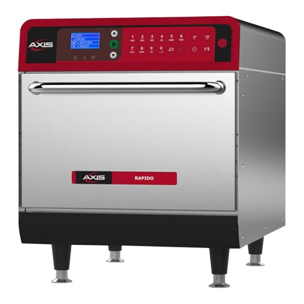 An Axis Rapido electric ventless speed oven on a counter in a professional kitchen with red and black buttons.