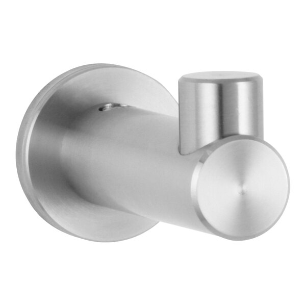 A close-up of a stainless steel Bobrick coat hook with a satin finish.