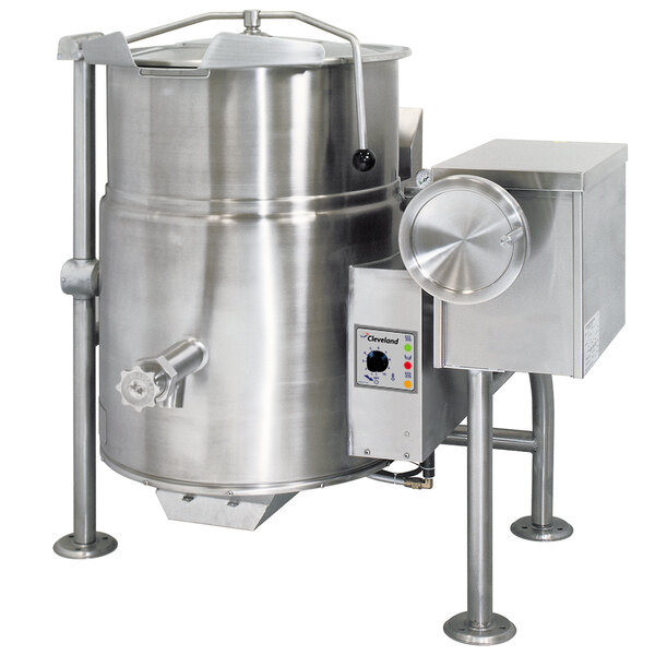 A Cleveland stainless steel tilting steam kettle with a metal lid.