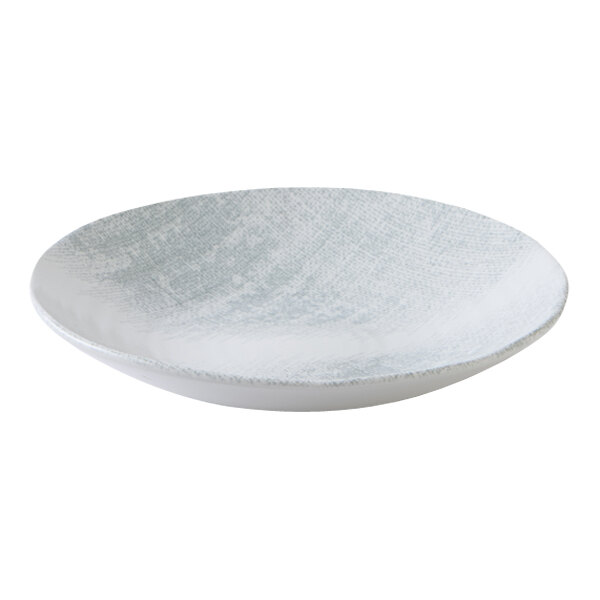 A white china bowl with a gray rim.