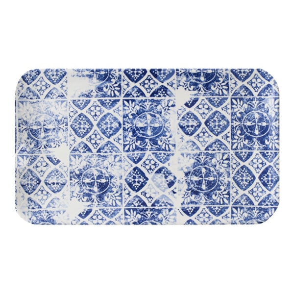 A blue and white rectangular Dudson Maker's Porto china plate with a pattern.