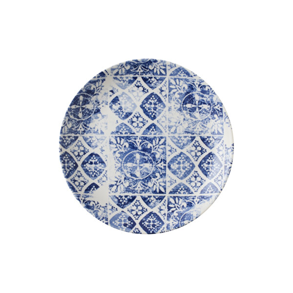 A Dudson Maker's Porto blue and white china plate with a pattern.