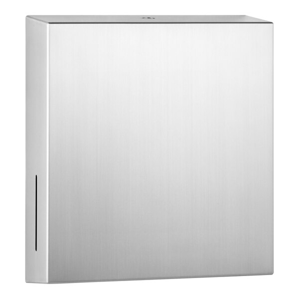 A silver rectangular stainless steel paper towel dispenser with a satin finish.