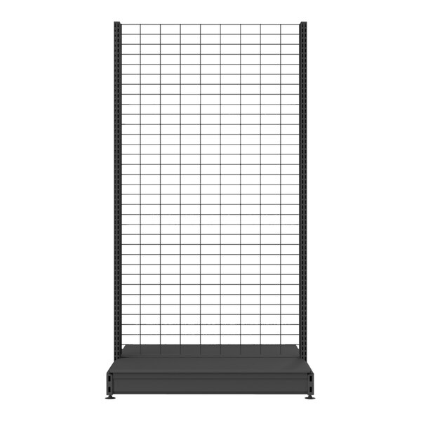 A black rectangular Wanzl Wire Tech double-sided gondola shelving unit with grids.