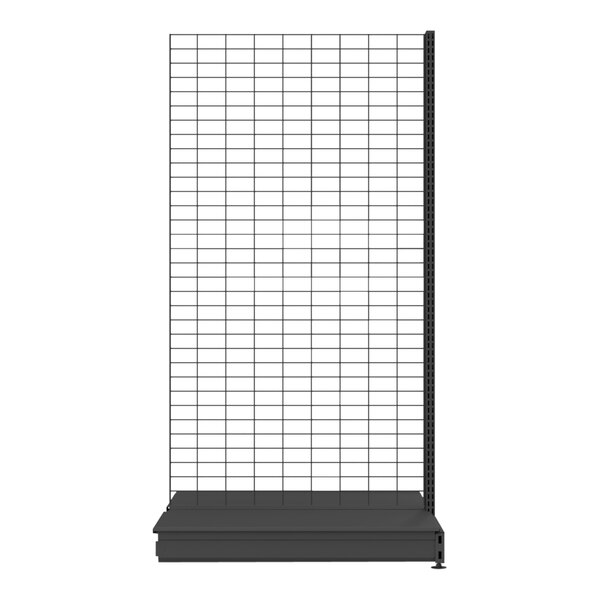 A black wire mesh Wanzl double-sided gondola shelving display with rectangular shelves.