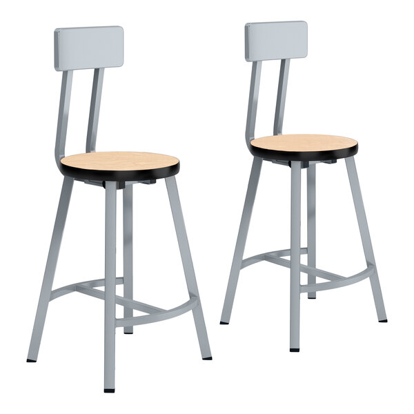 A pair of National Public Seating metal lab stools with Fusion Maple seats.