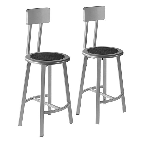 Two National Public Seating Titan lab stools with gray steel and black poly seats and backrests.