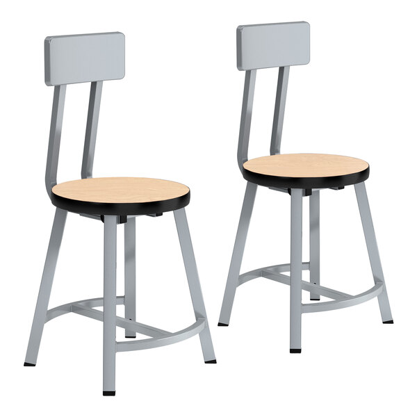 Two National Public Seating metal lab stools with wooden seats and backrests.