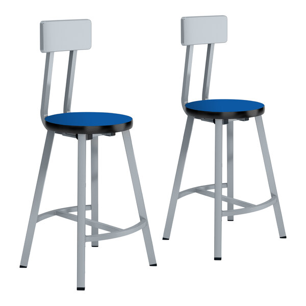 A pair of National Public Seating Titan lab stools with blue seats and silver frames.