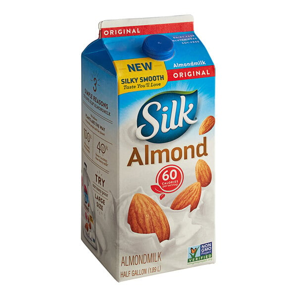 A case of six cartons of Silk Original Almond Milk.