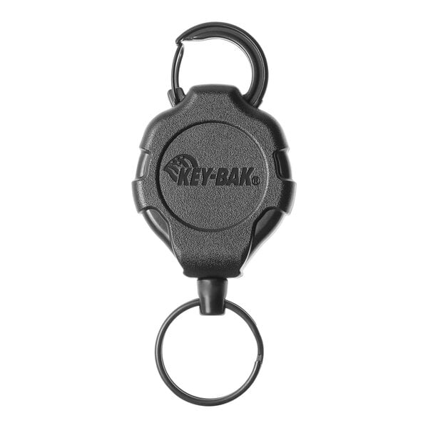 A black KEY-BAK Ratch-It key chain with a black ring.