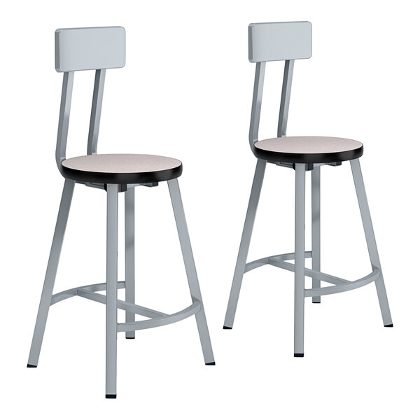 A pair of metal National Public Seating lab stools with gray laminate seats and backrests.