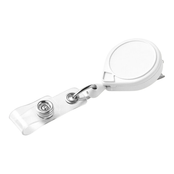A white KEY-BAK Mini-BAK retractable ID badge holder with a metal clip.