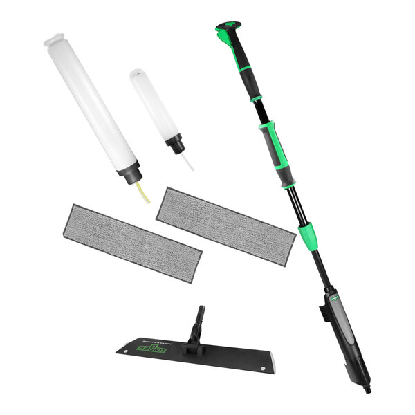 An Unger green and black floor cleaning kit with a long pole and a handle.