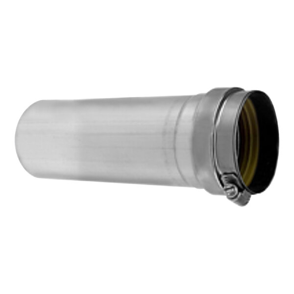 A close-up of a stainless steel Z-Vent pipe with a yellow handle.