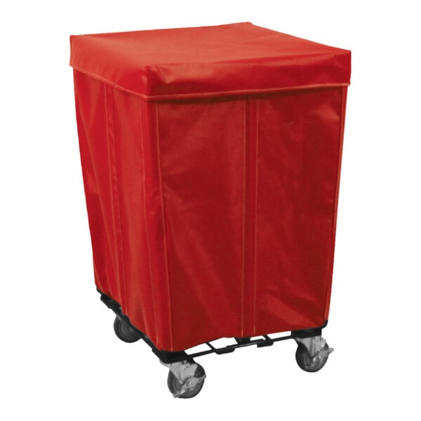 A red vinyl laundry cart with wheels.