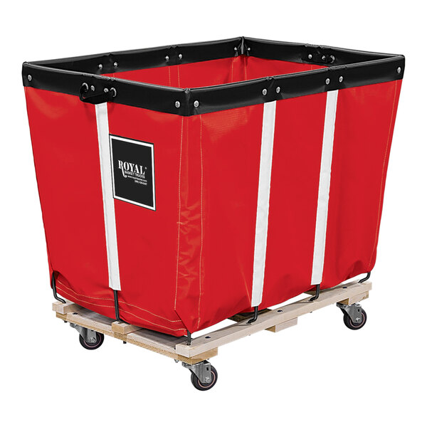 A large red canvas container on a wooden laundry cart with swivel casters.