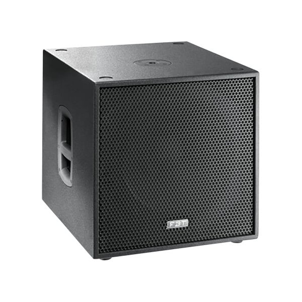 A black rectangular FBT subwoofer with holes in it on a white background.
