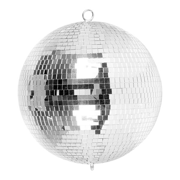 An Eliminator Lighting silver disco ball hanging from a chain.
