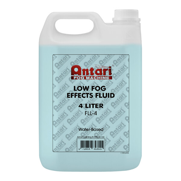 A blue plastic jug of Antari 4 liter low-lying fog fluid with a label.