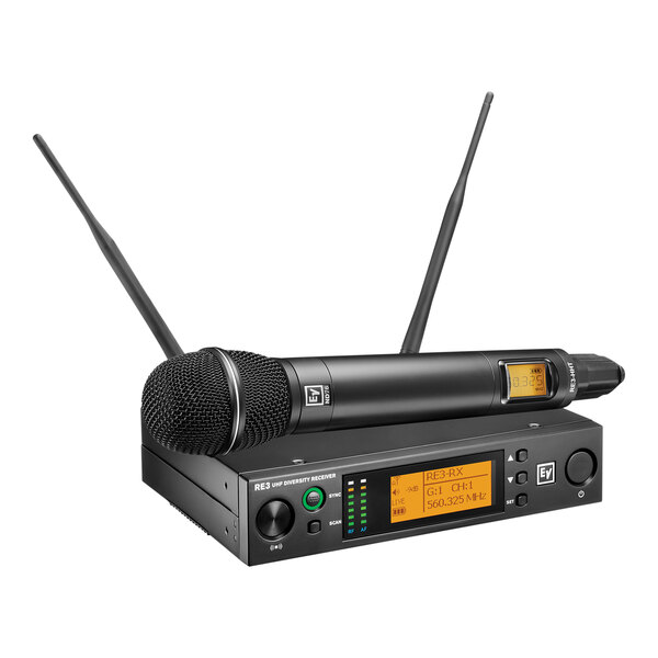An Electro-Voice RE3-ND76 wireless microphone set with a black wireless microphone and black receiver.