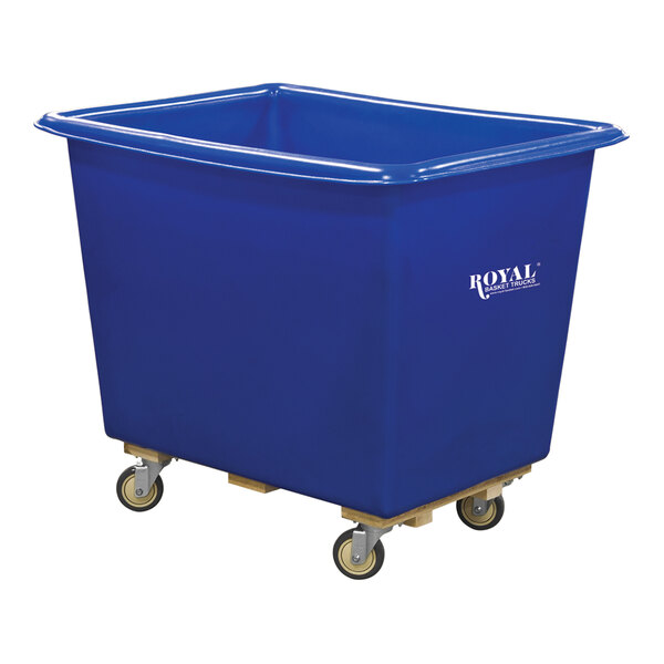 A large blue plastic container on wheels.
