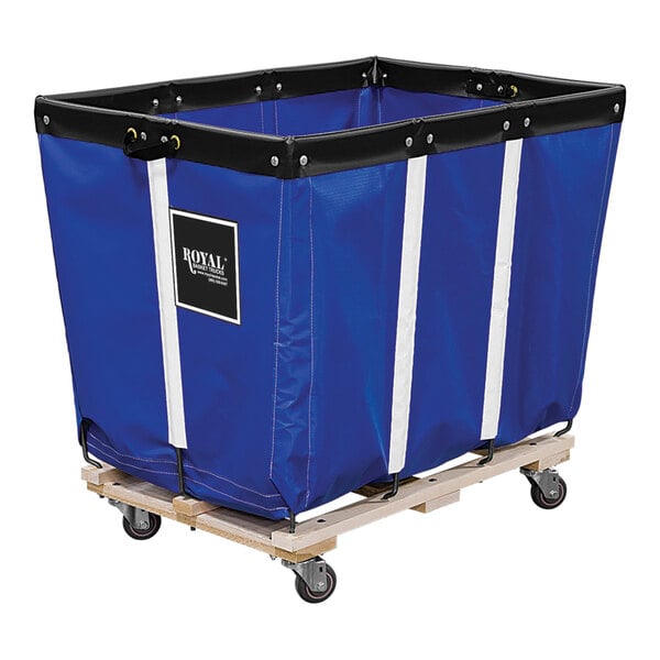 A blue vinyl Royal Basket truck with a wood base and casters.