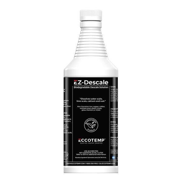 A white bottle of Eccotemp System Descaler Solution with a black label.