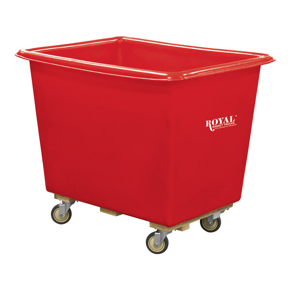 A red Royal Basket Trucks poly container on wheels.