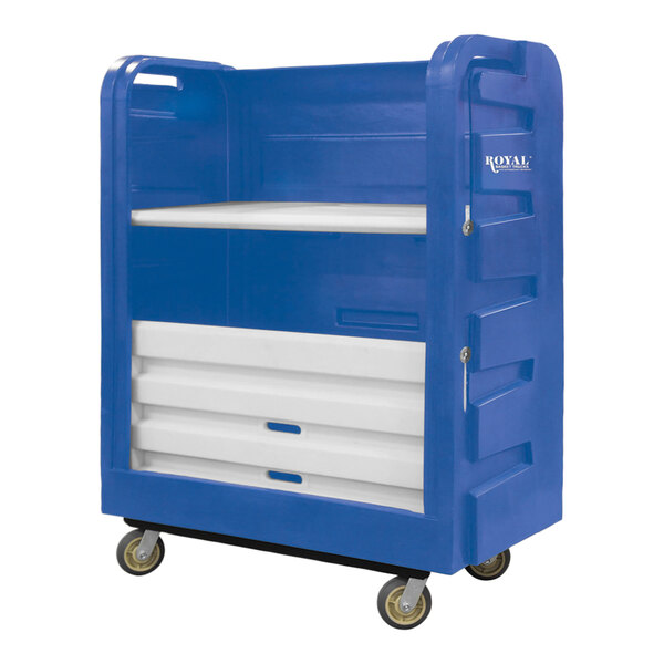 A blue Royal Basket Trucks turnabout bulk transport truck with plastic shelves and wheels.