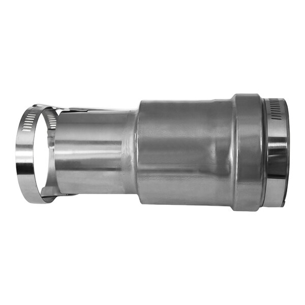 A stainless steel Eccotemp Paloma vent adapter with a metal strap.