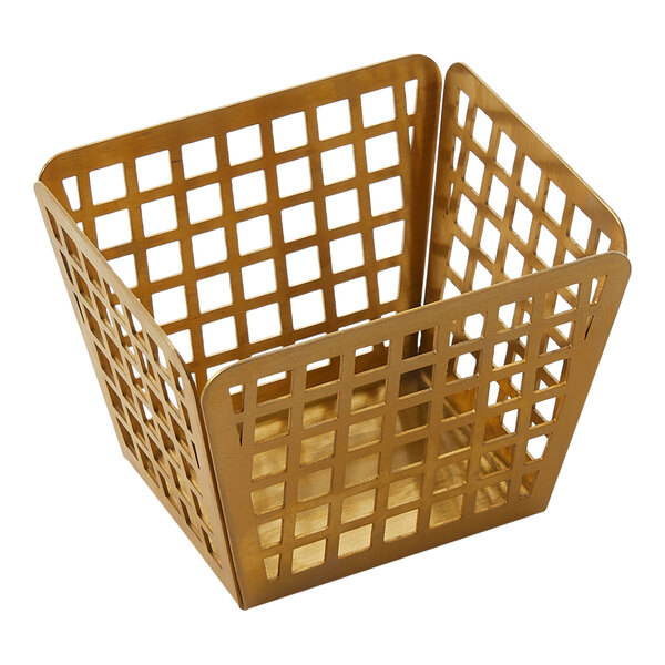 An American Metalcraft gold stainless steel rectangle fry basket with a grid pattern.