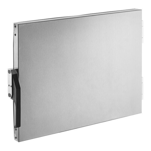 A silver metal door assembly with a handle.