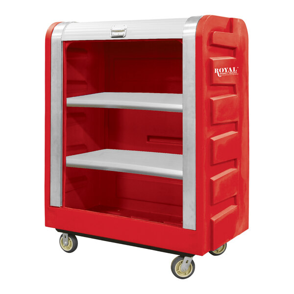 A red and silver metal Royal Basket truck with shelves and wheels.