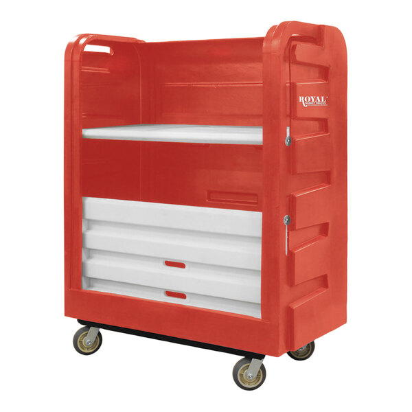 A red Royal Basket Trucks turnabout bulk transport truck with a plastic shelf.