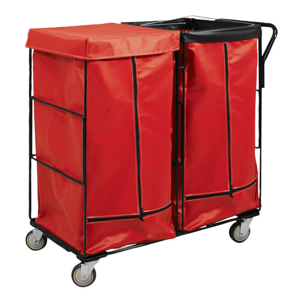 A red Royal Basket Trucks double laundry cart with two black bags.
