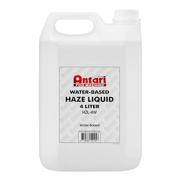 An Antari 4 liter white plastic container of haze fluid with a black label.