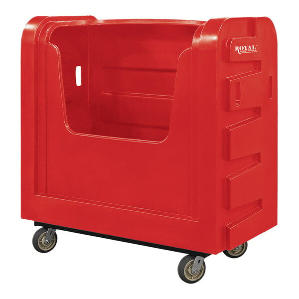 A red plastic container on wheels with a steel base.
