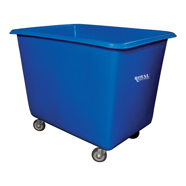 A Royal Basket Trucks blue plastic container with wheels.