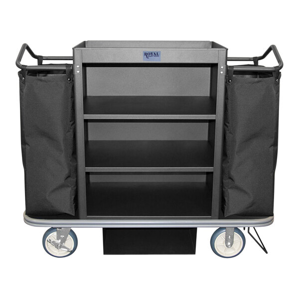A black Royal Basket Trucks housekeeping cart with two shelves and black bags on the bottom shelf.