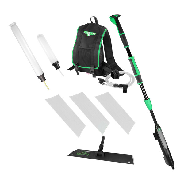 An Unger black and green floor finishing kit with a straight pole and mop tools.