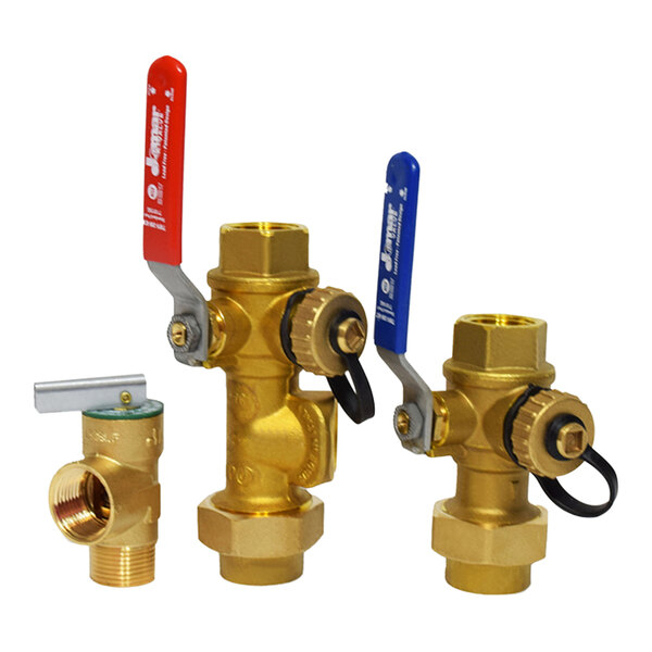 An Eccotemp brass service valve kit with blue and red handles.