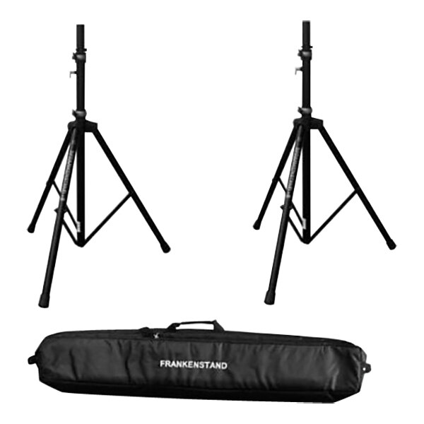 A black bag with white text containing two black Frankenstand F1 speaker stands.