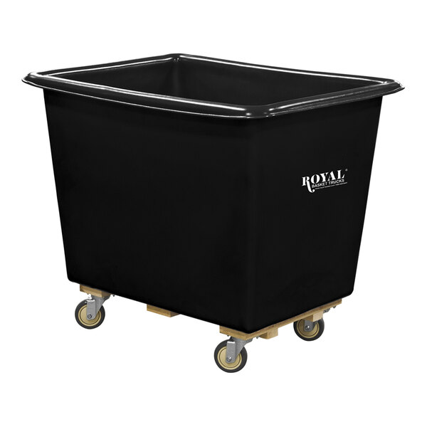 A black plastic container on wheels with a wood base.