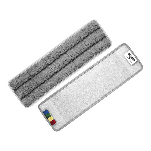 A white and grey Unger OmniClean microfiber floor cleaning pad with yellow and blue stripes.