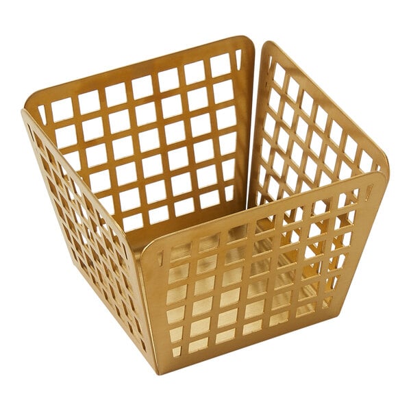 An American Metalcraft gold stainless steel fry basket with a grid pattern.